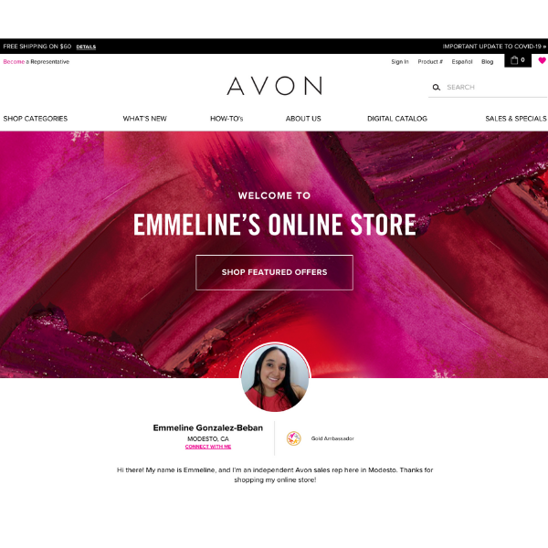 screenshot showing the homepage of Emmeline's Avon e-store