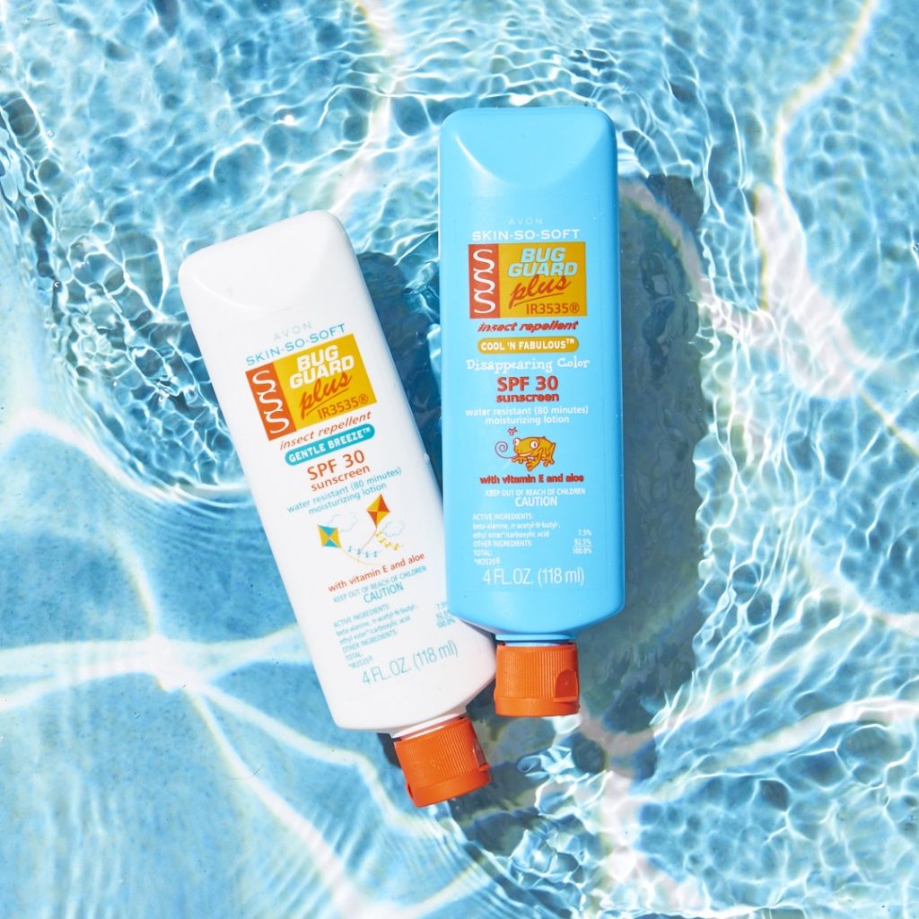 Bottles of two products from the Bug Guard Plus IR3535 line, artistically placed on a pool water background