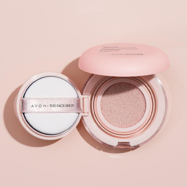 Compact of Moisture Cushion Blush, against a light pink background