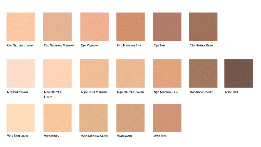 Shade chart showing the different shades of ink lasting foundation