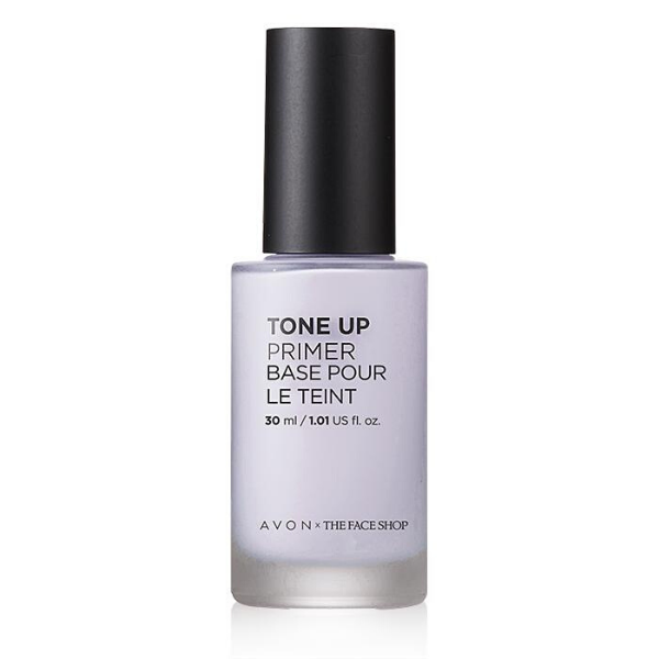 Bottle of Tone up primer in the shade Lavender, against a white background