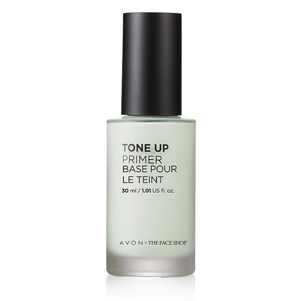 Bottle of Tone up primer in the shade Mint, against a white background