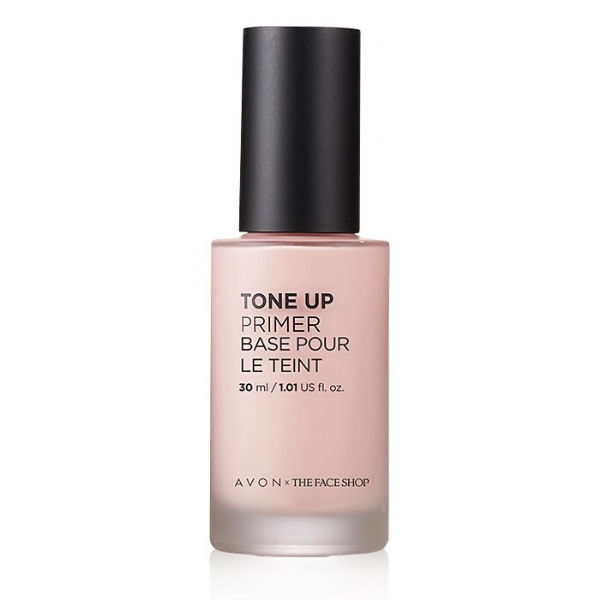 Bottle of Tone up primer in the shade Pink, against a white background