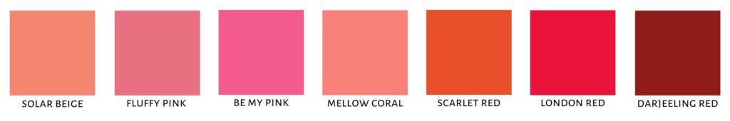 Shade chart showing the different shades of Flat Velvet Lipstick