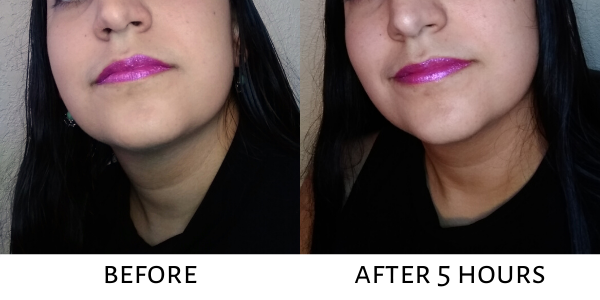 Before and after photos showing how Glimmersticks Liquid Lipstick fades after 5 hours