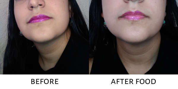 Before and after photos showing how Glimmersticks Liquid Lipstick fades after a meal