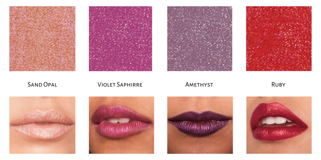 Shade chart showing the different colors of Glimmerkiss Liquid Lipstick, with lip swatches