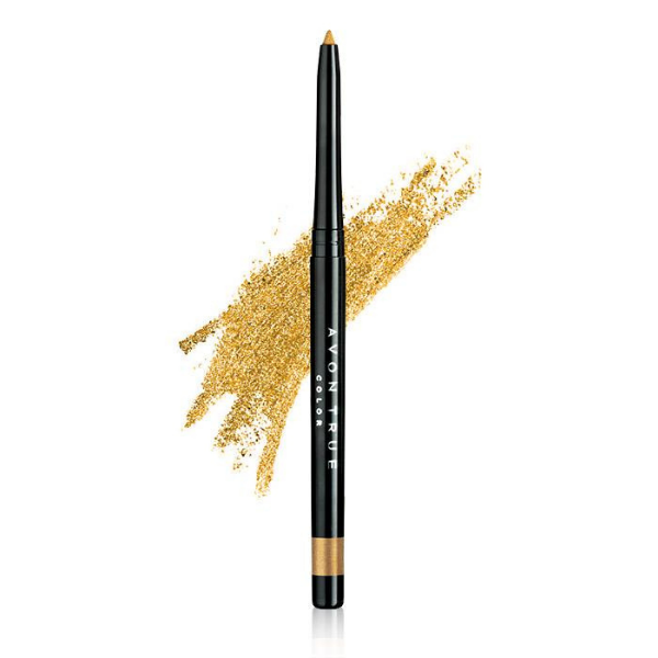 Open tube of glimmersticks diamonds eye liner in front of an artistic gold sparkle product smear, against a white background
