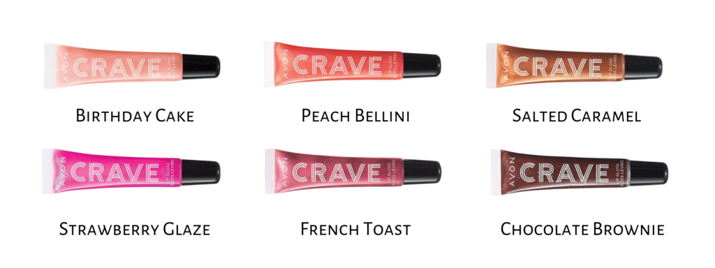 shade chart showing the different shades of Crave Lip Gloss