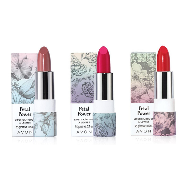 Three open tubes of Petal Power Lipstick, against a white background