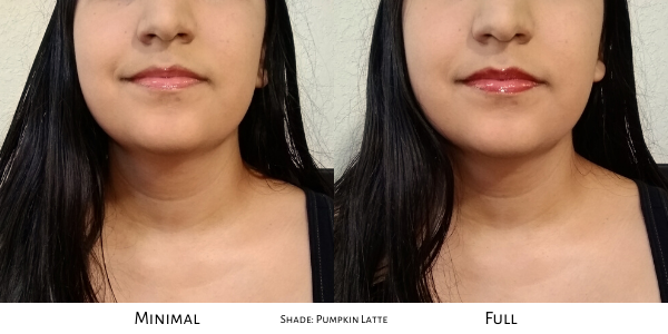 Comparison photos showing a minimal versus full application of Crave lip gloss in the shade Pumpkin Latte