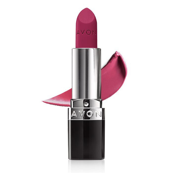 Tube of Avon True Color Lipstick in the shade Cherry Jubilee, against a white background