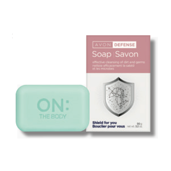 Avon Defense Bar Soap, next to an image of the box, against a white background