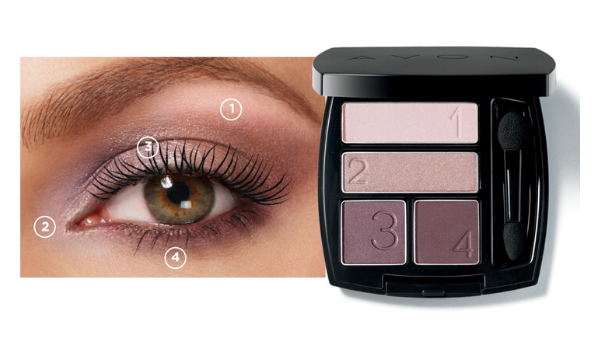 Open compact of True color eyeshadow quad, next to a close up of a woman's eye showing where each shade goes