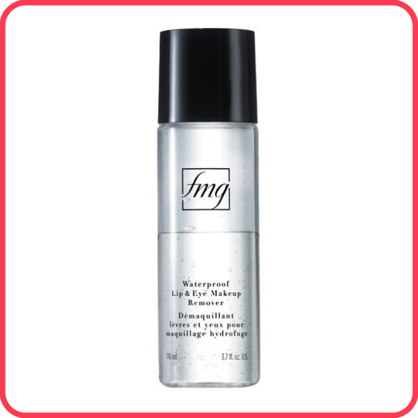 Bottle of fmg Waterproof Lip & Eye Makeup Remover, against a white background with a bright pink border