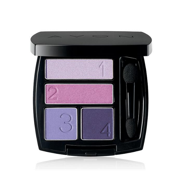 Open compact of True Color Multifinish Eyeshadow Quad in the shade Purple Pop, against a white background