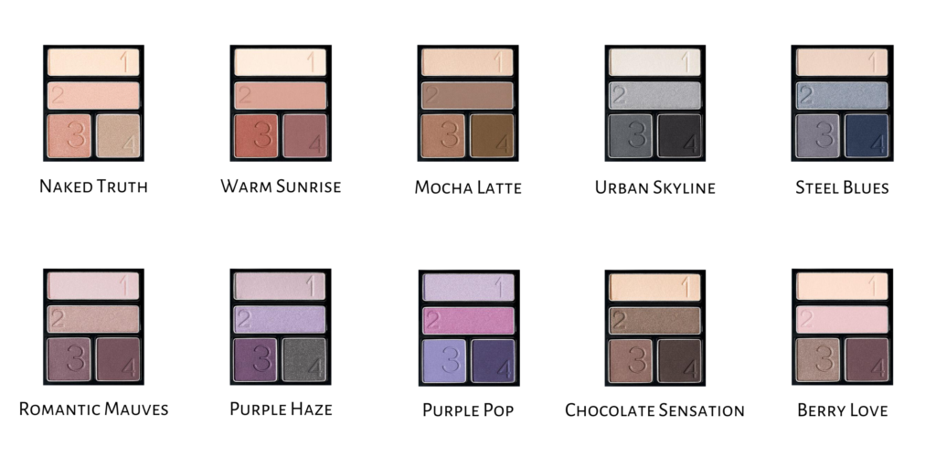 Shade chart showing the different shades of True Color Multifinish Eyeshadow