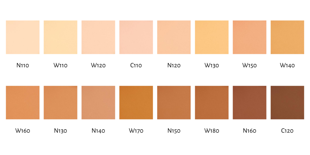 Shade chart showing the different shades of Compact of FMG Cashmere Complexion Compact Powder Foundation, a new Avon powder foundation product
