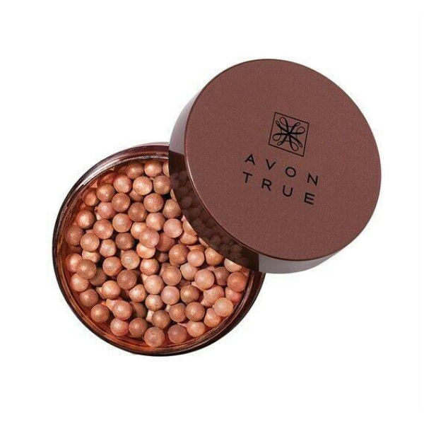Container of True Color Bronzing Pearls, a discontinued avon makeup product, against a white background