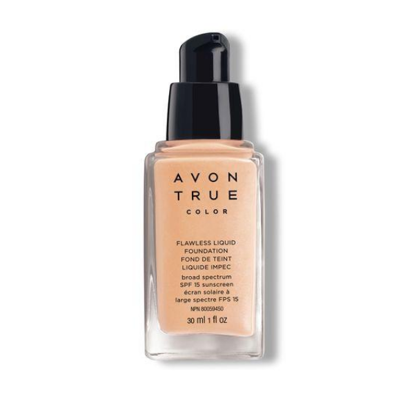 Bottle of True Color Flawless Liquid Foundation, a discontinued avon makeup product, against a white background