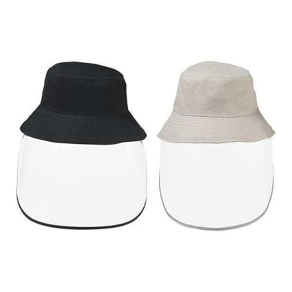 Two Adult Protective Face Shield Hats in black and grey, against a white background