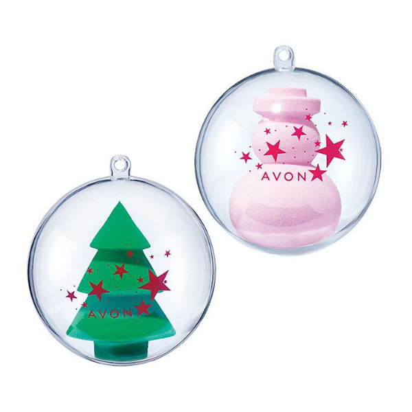 Holiday Makeup Applicator ornaments, one of each Christmas tree and snowman designs, against a white background