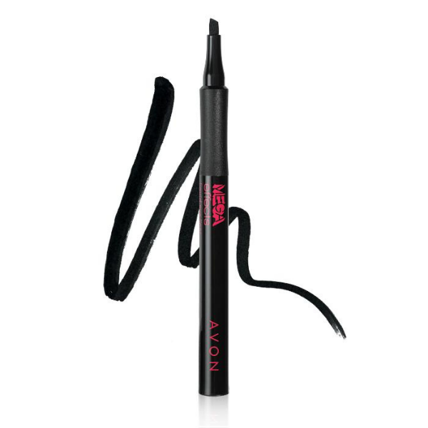 Tube of Mega Effects, an Avon liquid eyeliner, next to an artistic swirl of eyeliner, against a white background