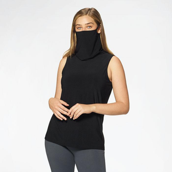 Model wearing the Sleeveless Top with Built-in Face Mask in Black, against a white background