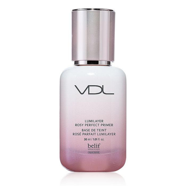 Bottle of VDL Lumilayer Rosy Perfect Primer, against a white background