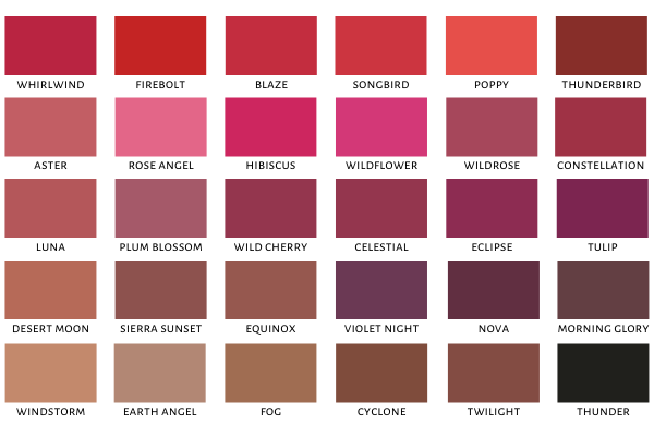 Shade chart showing the different shades of Glimmer Satin Lipstick