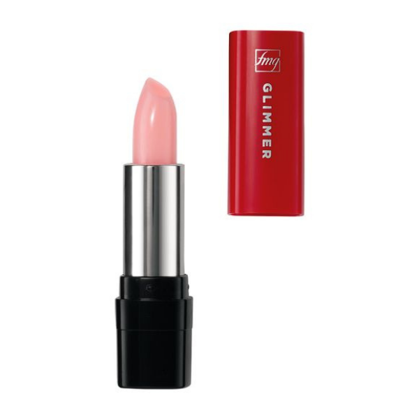 Open tube of Glimmer Lip Conditioner, next to the red cap, in front of a white background