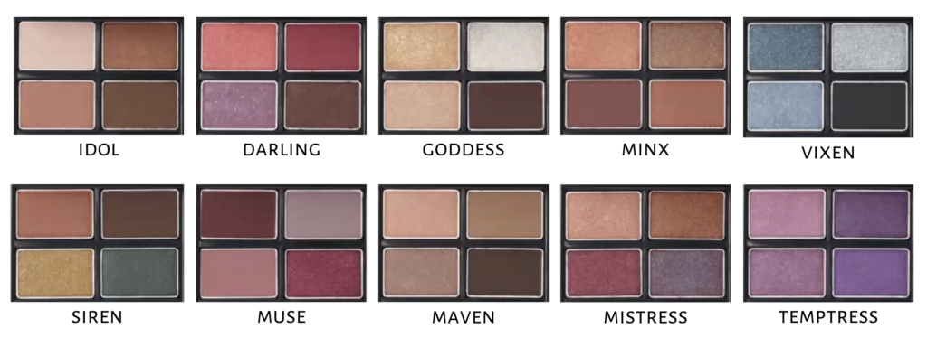 Shade chart showing the different palettes of Glimmer Eyeshadow Quad