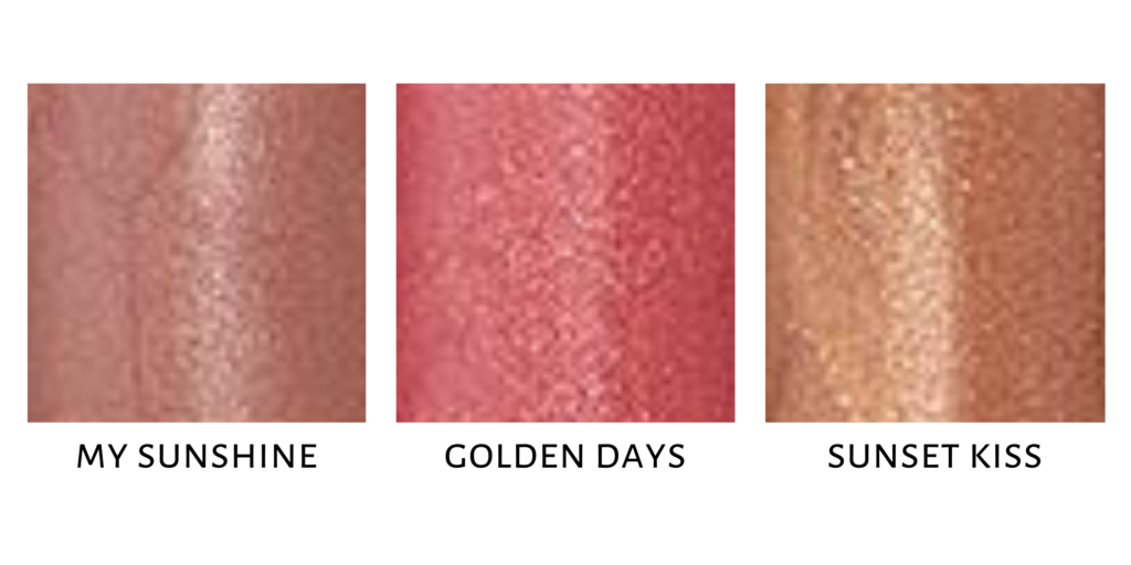 Shade chart showing the different shades of Colors of Love Lip Shine, a shimmer lipstick collection