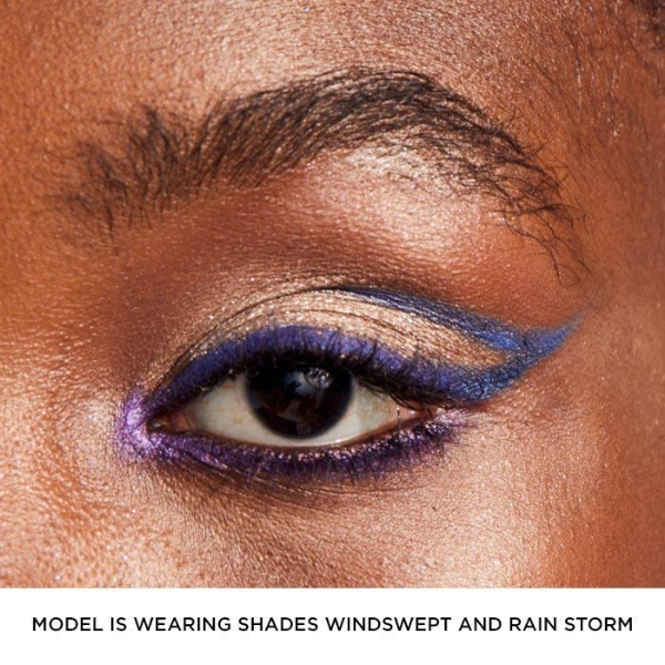 Close up of a woman's eye wearing two different shades of gel eyeliner in purple and blue