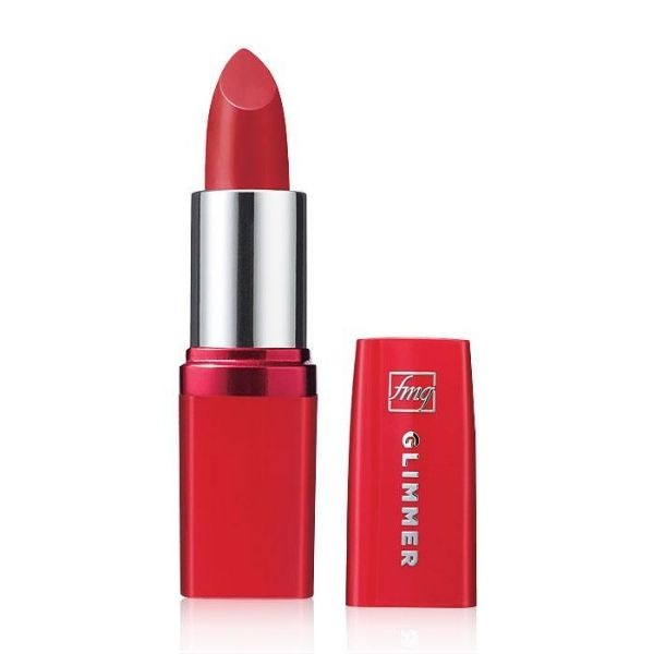 Open tube of Glimmer Satin Lipstick in the shade Blaze, against a white background