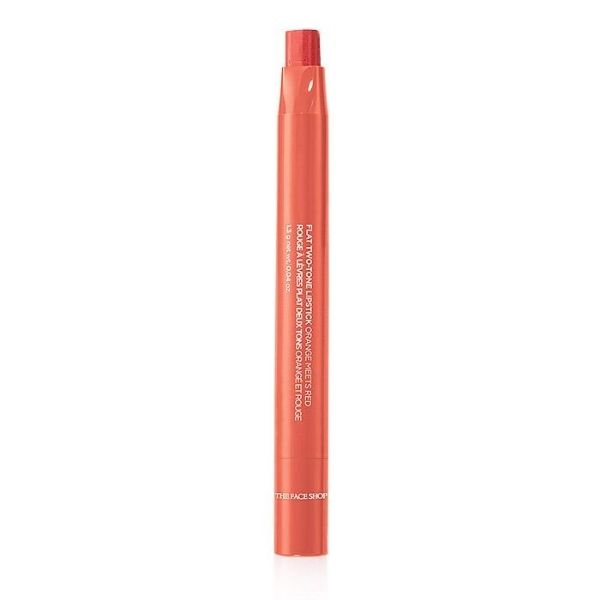 Open tube of Flat Two-Tone Lipstick in the shade Orange Meets Red, against a white background