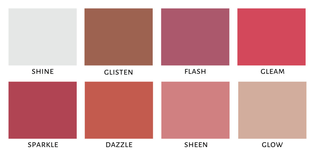 Shade chart showing the different shades of glimmer lip glaze, an Avon lip gloss.