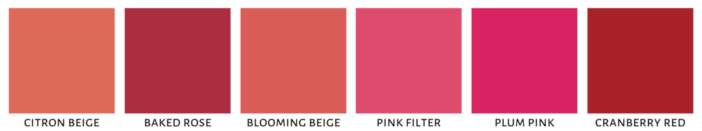Shade chart showing the different shades of fmgt Rouge Shine Vivid available through Avon