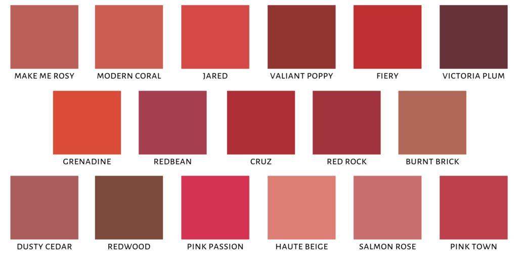 Shade chart showing the different shades of VDL Expert Real Fit Velvet Lipstick available through Avon