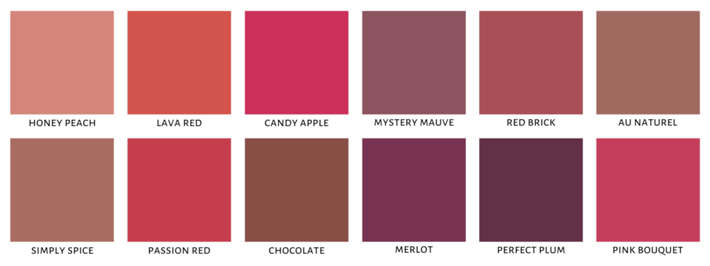 Shade chart showing the different shades of Avon Glimmer Lipliner