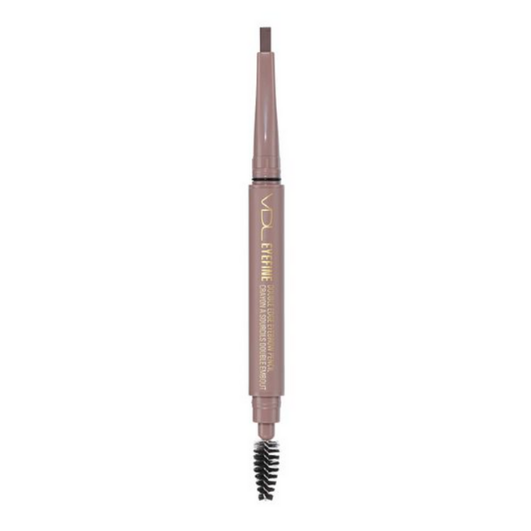 Open tube of VDL Eye Fine Double Edge Brow Pencil in the shade medium brown, against a white background