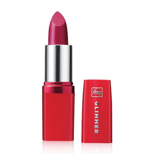Open Tube of Glimmer Satin Lipstick in the shade Hibiscus, against a white background