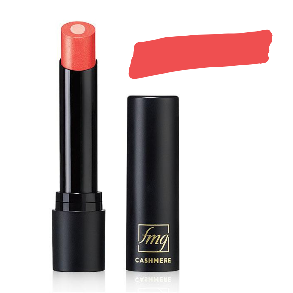 Open tube of Cashmere Essence Lipcream in the shade Coral Charm next to a digital shade swatch, against a white background