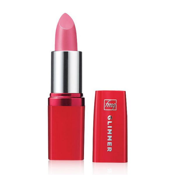 Open tube of Glimmer Satin Lipstick in the shade Rose Angel, against a white background