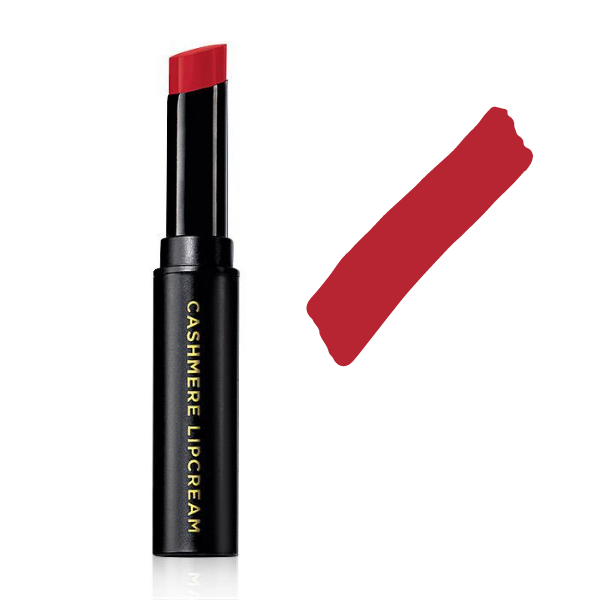 Open tube of Cashmere Lipcream Matte in the shade True Red next to a digital shade swatch, against a white background