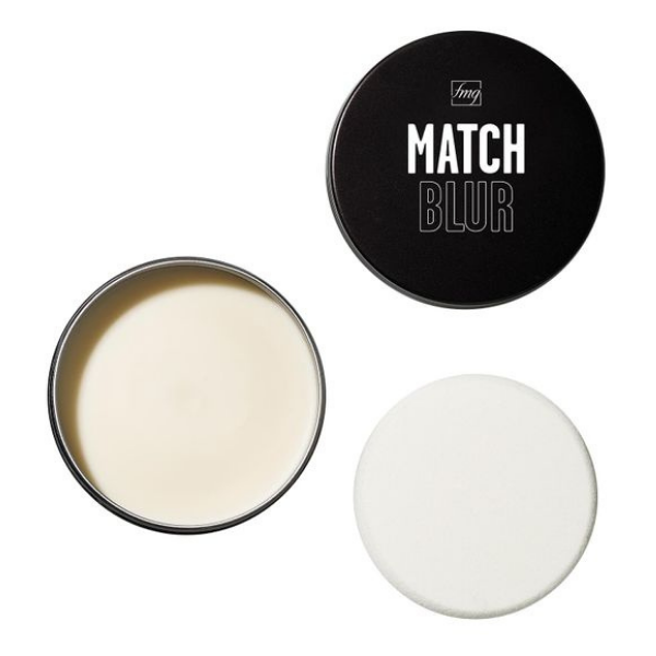 Open container of Match Blur Oil Control Primer Balm, sitting next to the black lid of the product and the appilcator, which are all arranged in a triangle formation