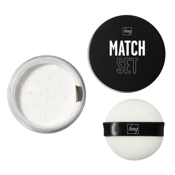 Open container of Match Set Finishing Powder, sitting next to the black lid of the product and the appilcator, which are all arranged in a triangle formation