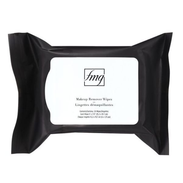 Black and white package of fmg makeup remover wipes, against a white background