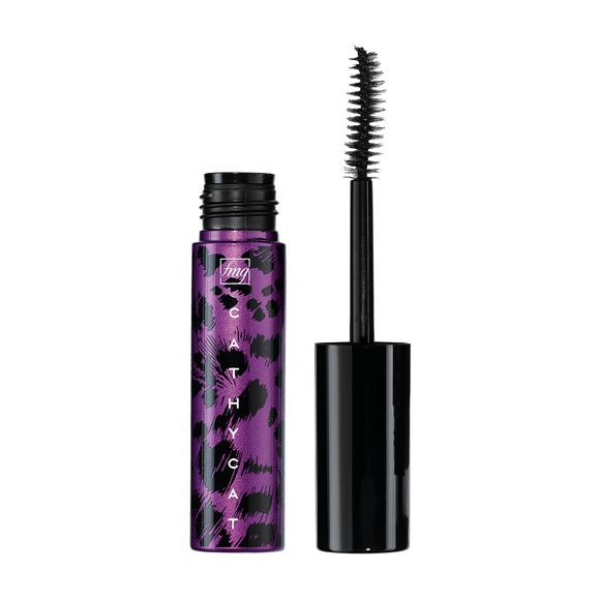 Open tube of CathyCat Curl & Flare Mascara with a purple and black bottle design, against a white background