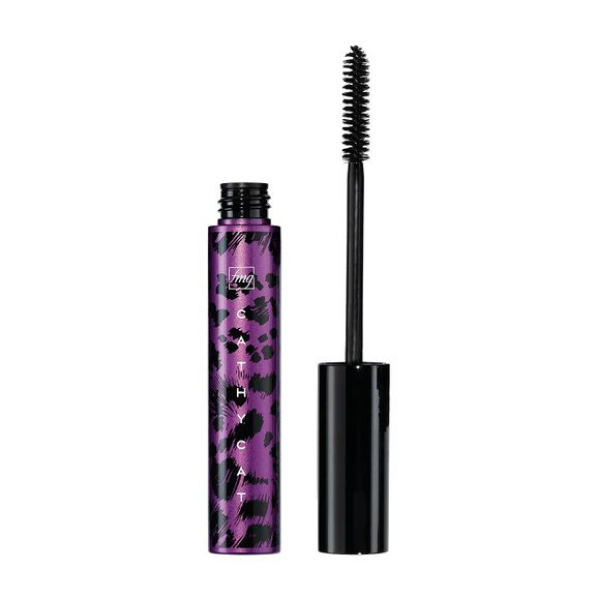 Open tube of CathyCat Play All Day Mascara with a purple and black bottle design, against a white background